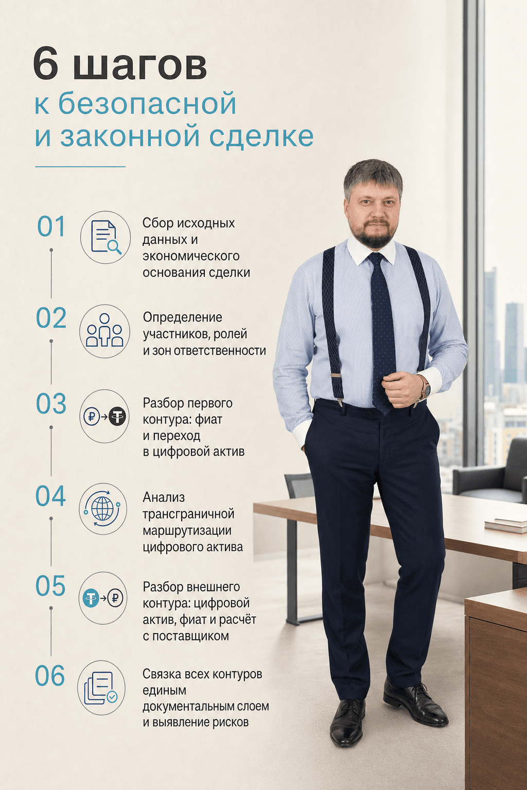 Элегантная, минималистичная инфографика в стиле бизнес, спокойной эстетикой портрет 2:3. Вертикальное 6-шаговое путешествие. 
01 Сбор исходных данных и экономического основания сделки
02 Определение у